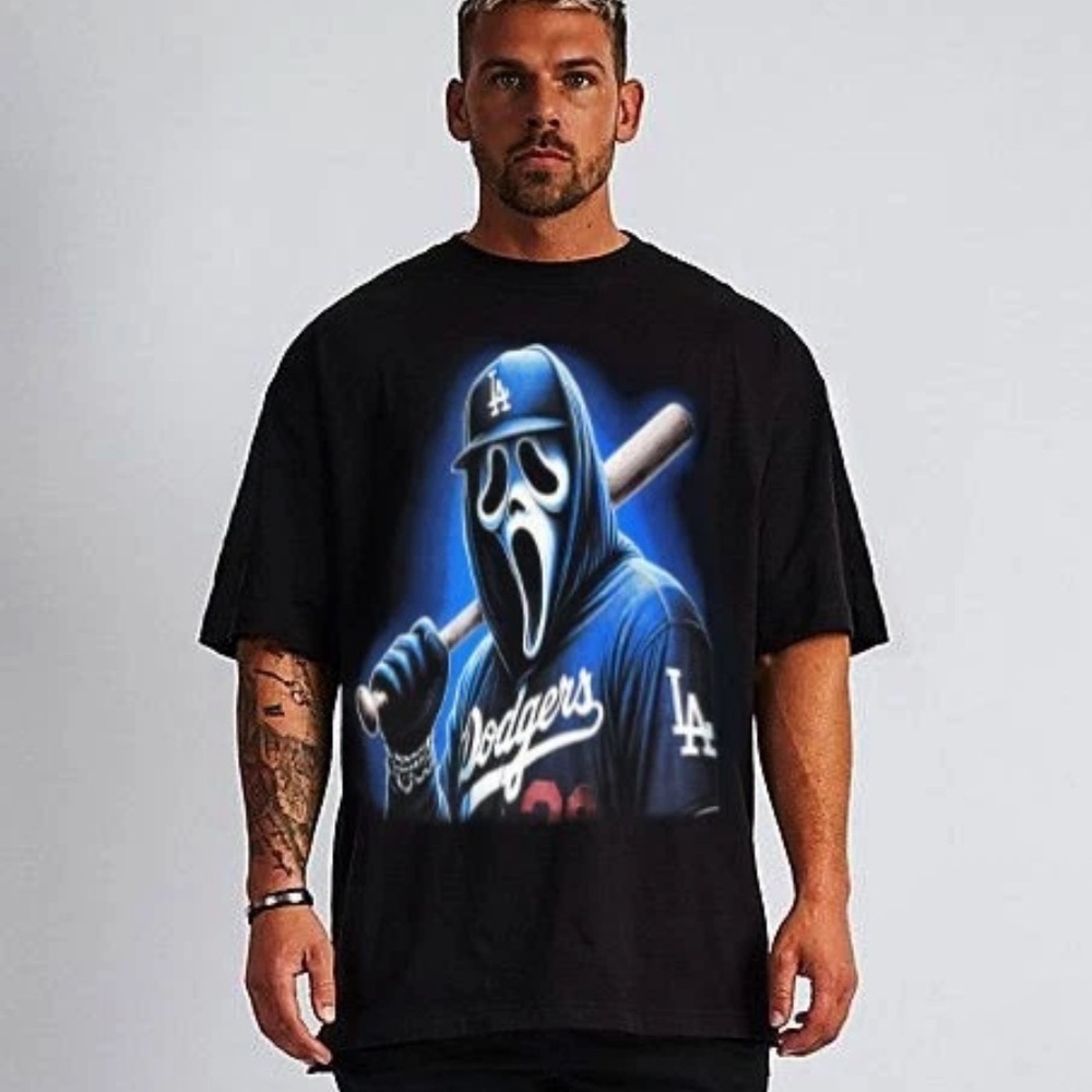 LA Dodgers Graphic Tee with Scream Mask and Baseball Bat Men Size L